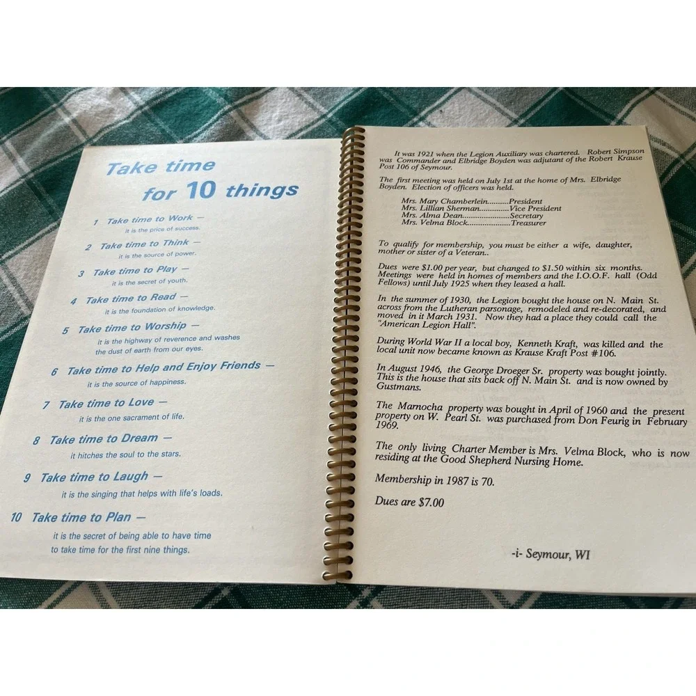 American Legion Auxiliary Seymour Wisconsin Recipe Book Cookbook Seymours
